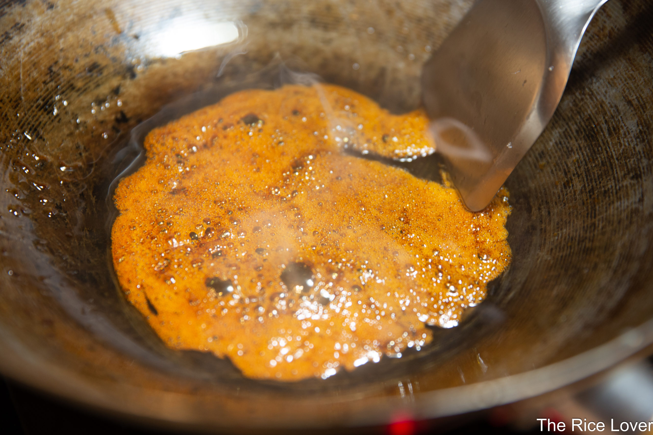 The caramel sauce is ready when it takes on a deep amber color