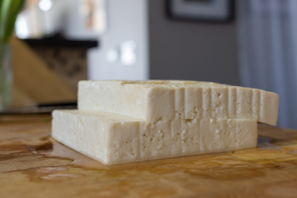 Tofu sliced in half