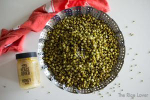 steamed organic mung beans with a bottle of organic honey