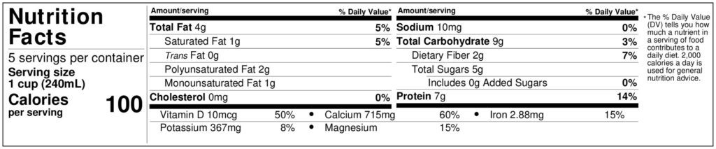 Healthy Vitamix soy milk: nutrition label