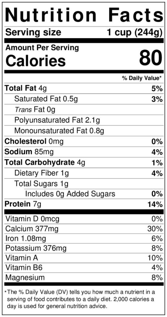 Nutrition Label for 1 cup Silk Organic Unsweetened Soymilk
