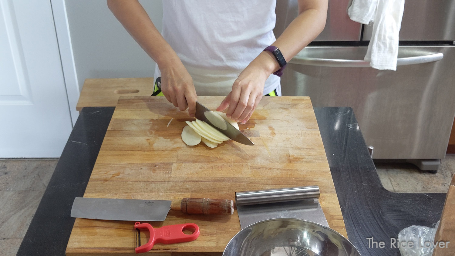 To julienne, first cut the potato into even slices