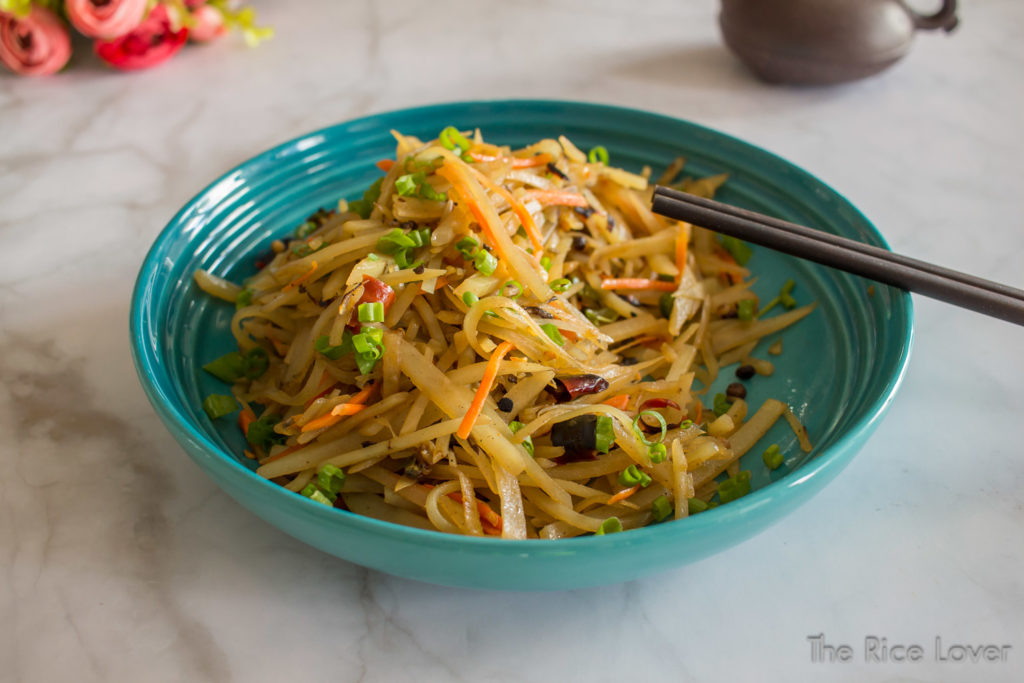 Sichuan hot and sour potatoes, made with light soy sauce and Chinkiang vinegar