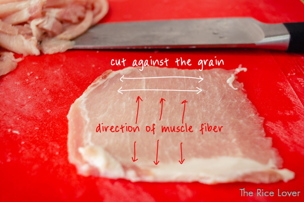 Cut the pork against the grain for more tender stir fry