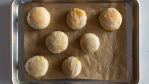 Pumpkin mooncakes with maple and bacon, fresh out of the oven