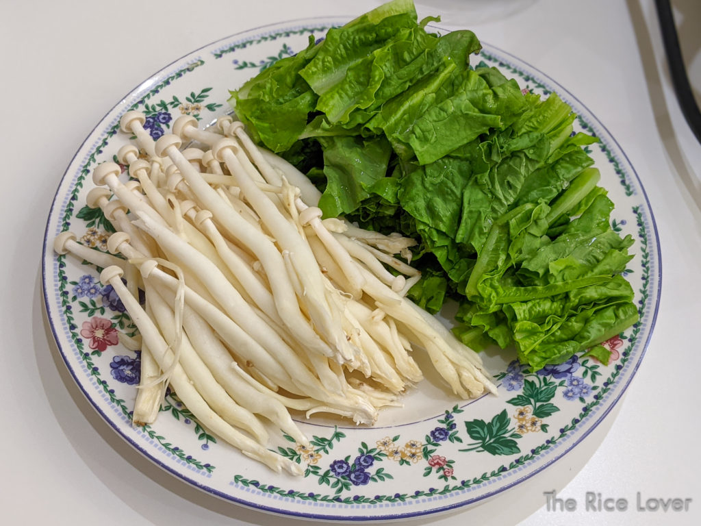 greens and mushrooms for an at-home, virtual hotpot party