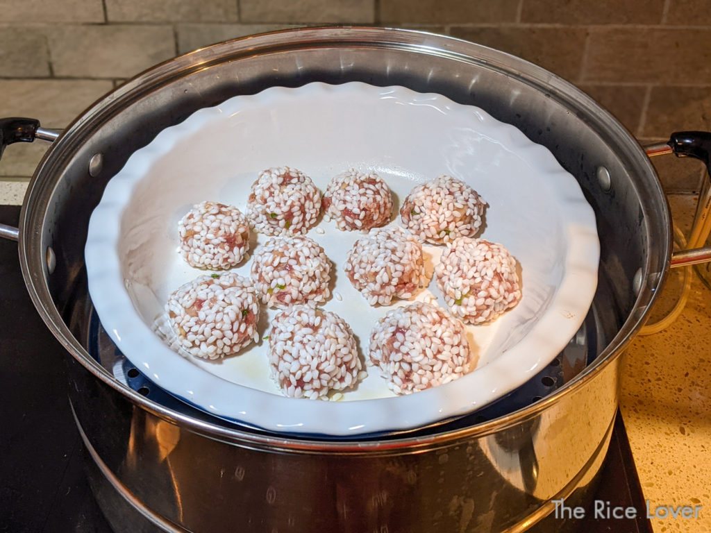 Hubei pearl meatballs -- brush oil on a shallow plate, then place meatballs in steamer